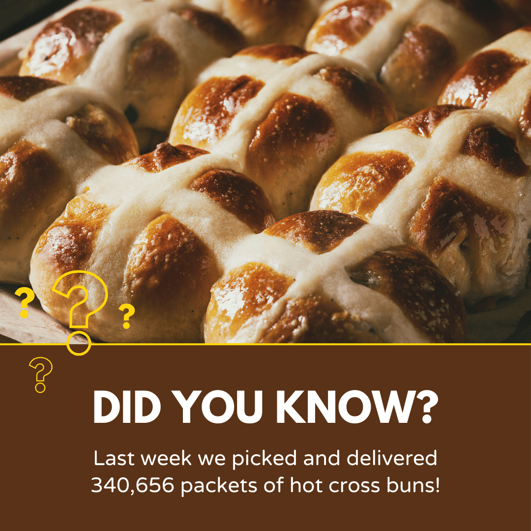 Off the back of the Easter weekend, today's #FridayFact has an Easter theme. In the 7 days running up to Easter, we picked and delivered 340,656 packets of hot cross buns! #FeedingTheNation #logistics #transportation #FF #DeliveringWinners