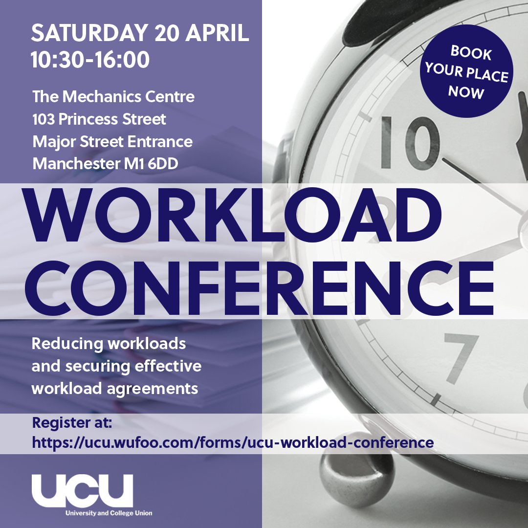 🚨UCU members 🚨 Our Workload Conference is taking place in person on 20th April from 10.30am - 4pm in Manchester📢 The event will bring together safety reps, workload reps, branch negotiators and workload activists across a number of UCU branches to network and share good