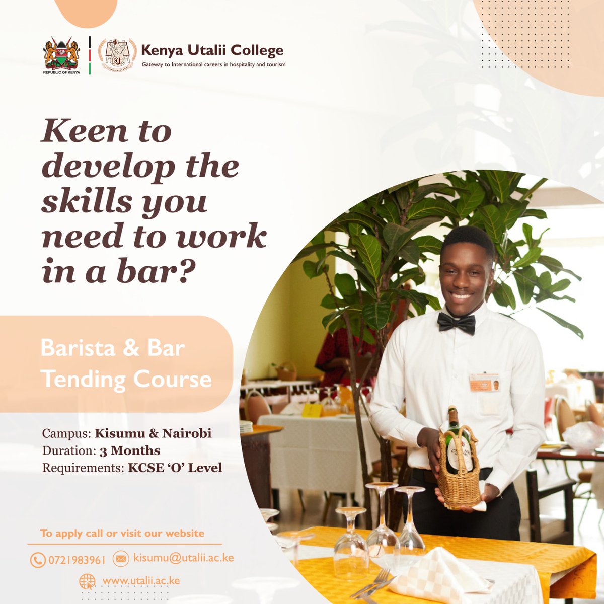 Keen to develop the skills you need to work in a bar? A Course in Barista & Bar Tending is good for you! Apply now for April/May intake both in Nairobi & Kisumu Campus.

KCSE O Level
3 Months
Kshs 40,000

Apply Here: bit.ly/3Q9kqHw

#KenyaUtalii #utaliikisumucampus
