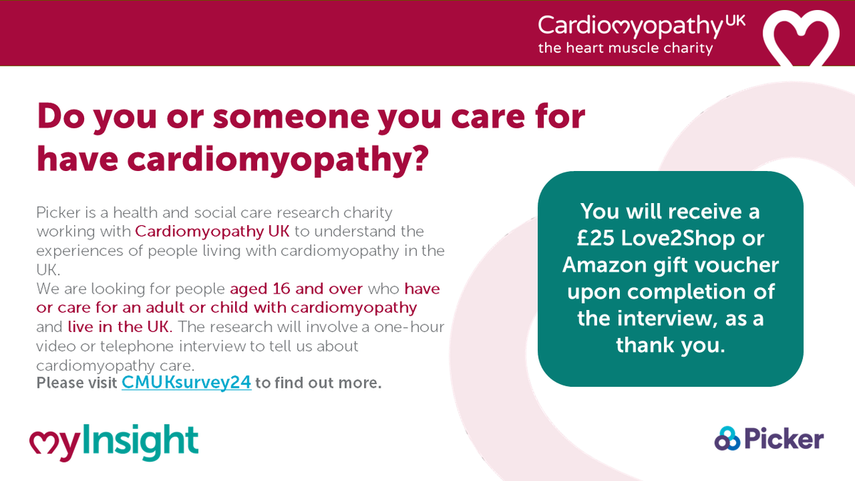 Join us & @Cardiomyopathy in building a survey on living with cardiomyopathy. If you are UK based, over 16 and have been affected by #cardiomyopathy, share your insights in an online interview. Help shape better services & receive a voucher! Learn more: bit.ly/CMUKsurvey24