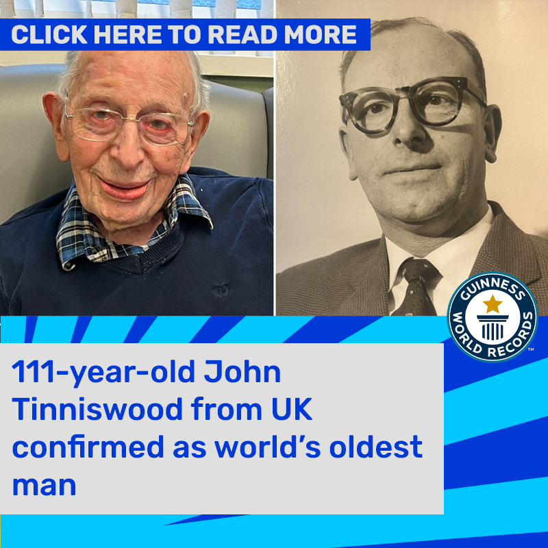 GWR's tweet photo. Guinness World Records are delighted to announce that John Tinniswood, living in Southport, UK, has been confirmed as the world's oldest man at the age of 111 years and 222 days old as of 4 April 2024.