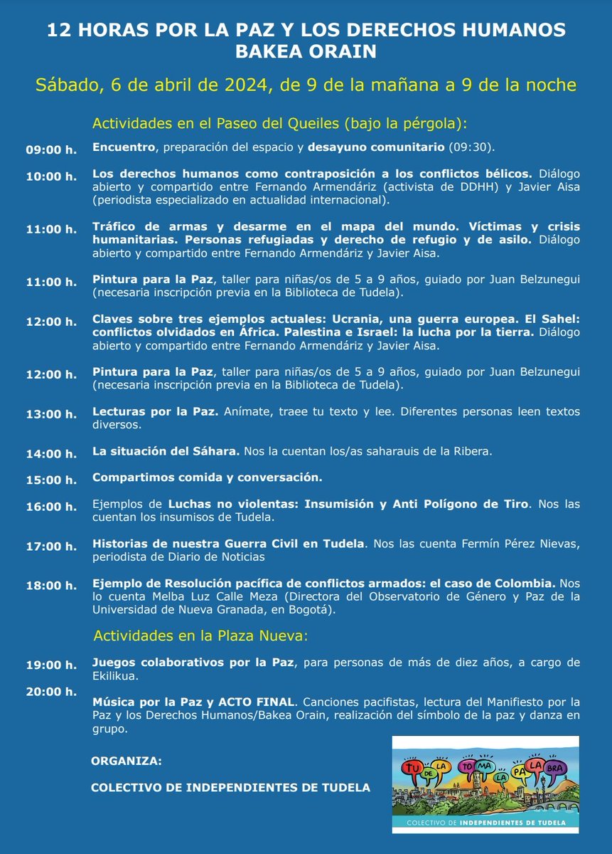 Tenemos muchas ganas de veros a todas mañana, a partir de las 9 de la mña en el Queiles y desde las 19:00 en la Plaza Nueva. 12 HORAS POR LA PAZ Y LOS DERECHOS HUMANOS/BAKEA ORAIN