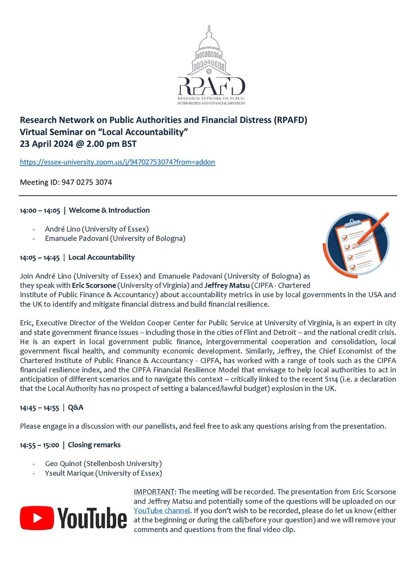 📢#RPAFD is a network that focuses on the treatment of local authorities in #financialdistress. 
We are holding our second external engagement event on 𝟮𝟯 𝗔𝗽𝗿𝗶𝗹 @ 𝟮 𝗽𝗺 𝗕𝗦𝗧. 
More info on how to join are attached 👇: