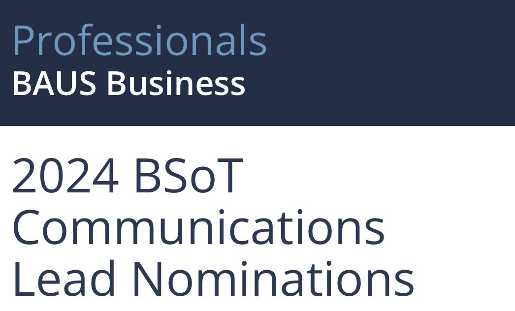 Nominations OPEN for @BSoT_UK Communication Lead 💻📱- Fantastic opportunity to join the Committee & contribute to novel ideas/projects to develop BSoT ⚡️ ⏳Deadline: 12 Noon Fri 12 April 2024 🔗 baus.org.uk/professionals/…