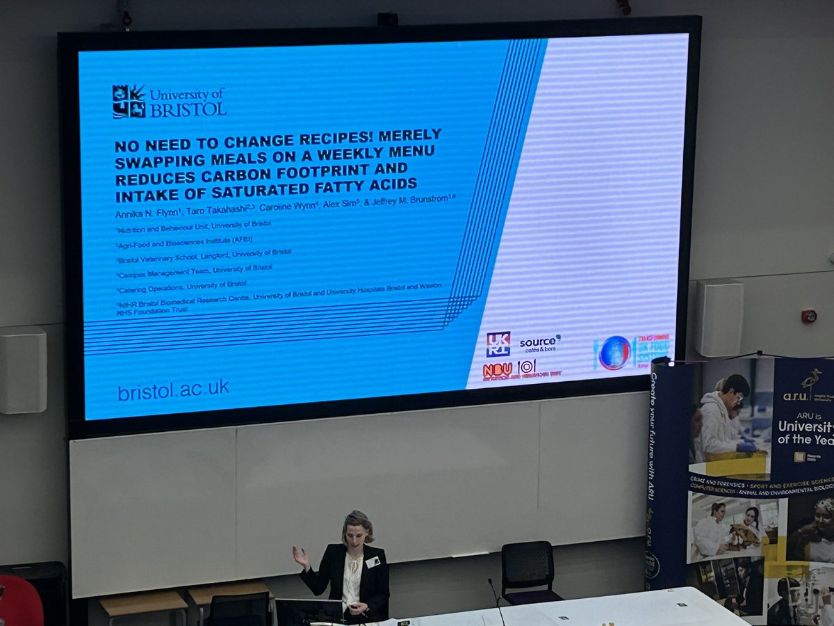 NBUBristol's tweet image. Well done @AnnikaNFlynn1 for a brilliant overview of the SNEAK project “No need to change recipes! Merely swapping meals on a weekly menu reduces carbon footprint and intake of saturated fatty acids” #BFDG2024 @JeffBrunstrom @NBUBristol @BristolUniPsych @BristolBRC