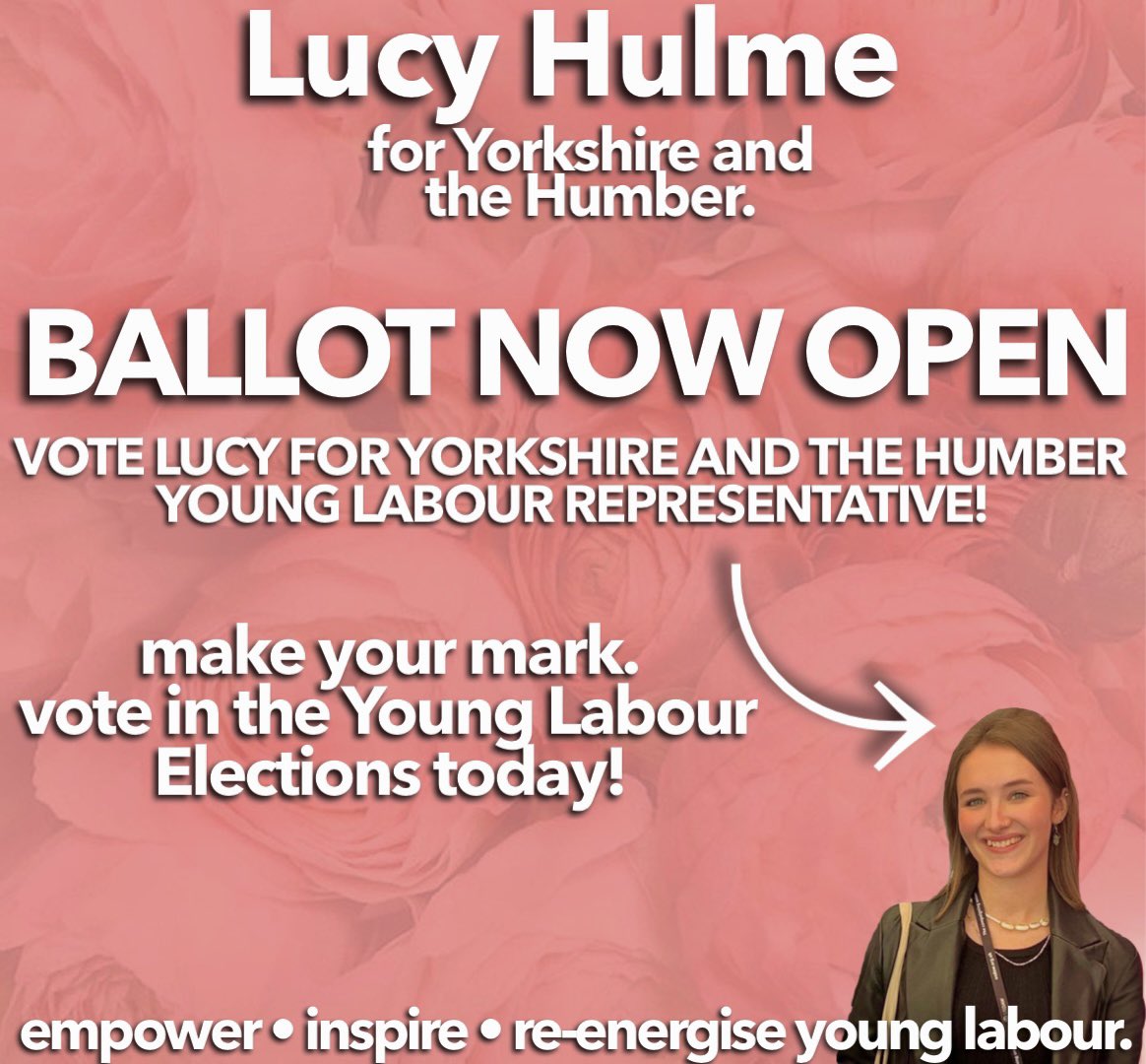 🗣️LAST FEW HOURS TO VOTE. voting in the YL elections closes at 12pm today! like the look of my policies? make sure to vote for me to be your next representative in Yorkshire and the Humber. I’m working hard to empower, inspire and re-energise young members🌹