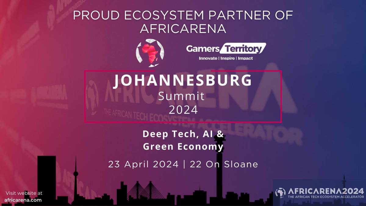 We are thrilled to announce that at @GamersTerrit0ry we are a Media Partner for the @AFRICARENA Johannesburg Deep Tech, AI & Green Economy Summit 2024, a one-day summit at Africa’s largest startup campus, @GEN22OnSloane in Bryanston, Johannesburg on 23 April 2024.