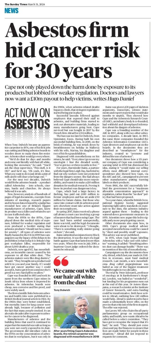 Read how Cape hid the risk of cancer deliberately for profit, allowing millions to be exposed to #asbestos. Its parent co @altrad_services fought the legal case with huge teams of lawyers, then spent substantial amounts to sponsor major rugby teams