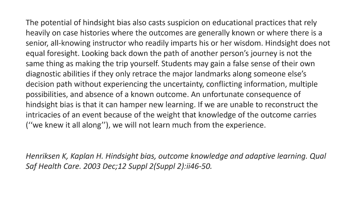 Question for medical educators: Bedside teaching - how often do you take students to see a patient, for whom you as the tutor, don't know the diagnosis? What impact would this have on learning? Thinking about Hindsight:Foresight #clinicalreasoning @Cooper00Nicola @ClinEdResearch