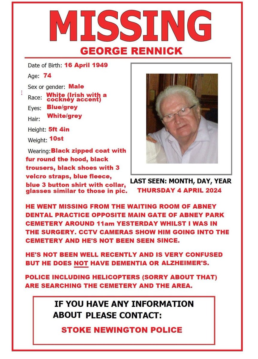 @MPSHackney @MPSTowerHam @BTPLondon @RoyalLondonHosp I am George's Wife. I made this poster for my Stoke Newington group I run plus the Stokey Folks group. This is a clearer pic of him with info: