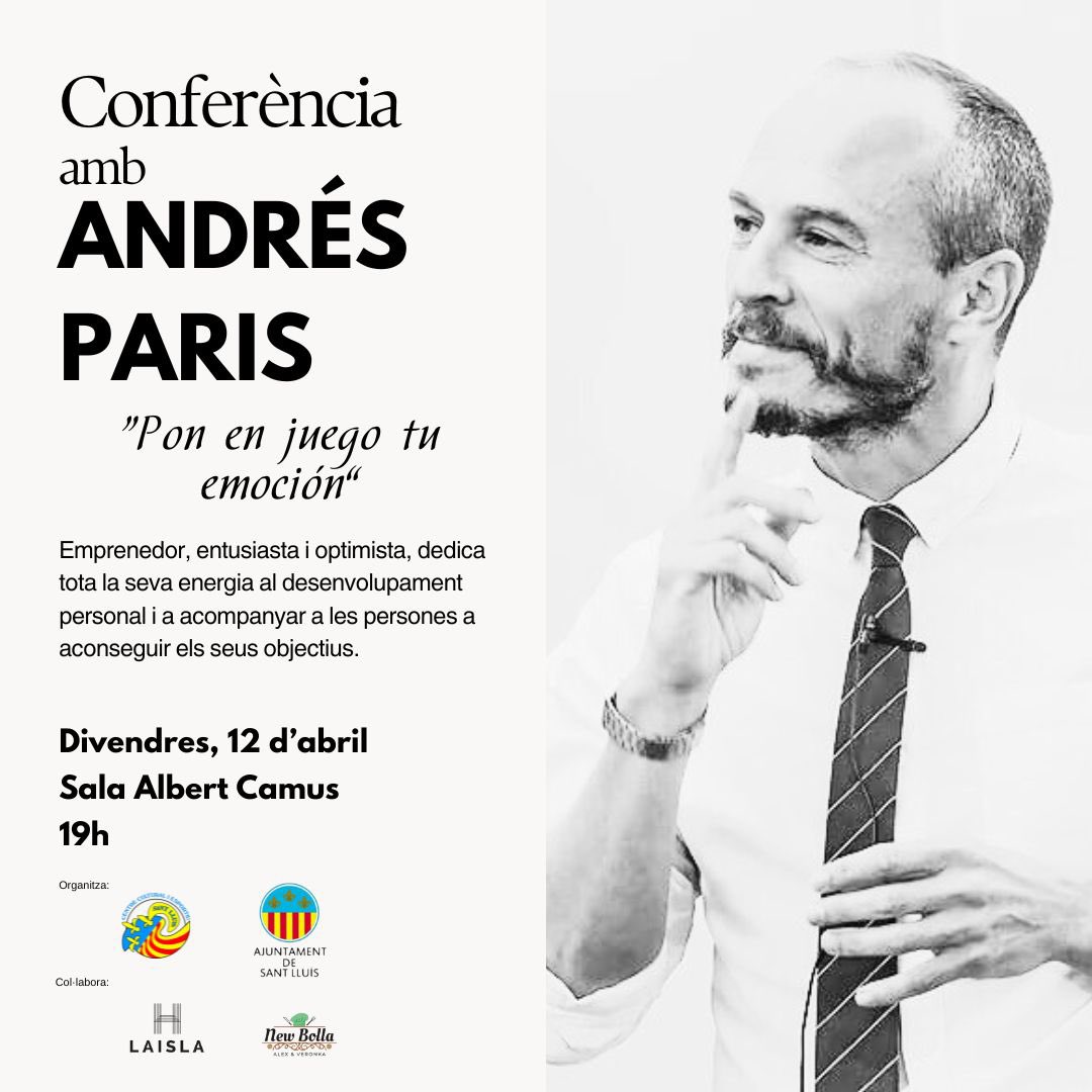 No et perdis la conferència d'Andrés París el proper divendres 12 d'abril a la Sala Albert Camus de Sant Lluís a les 19h! Sota el títol 'Pon en joc la teva emoció' Entrada gratuïta, però l'aforament és limitat! Reserva les teves places aquí: ticketib.com/events/pon-en-… T'esperem!