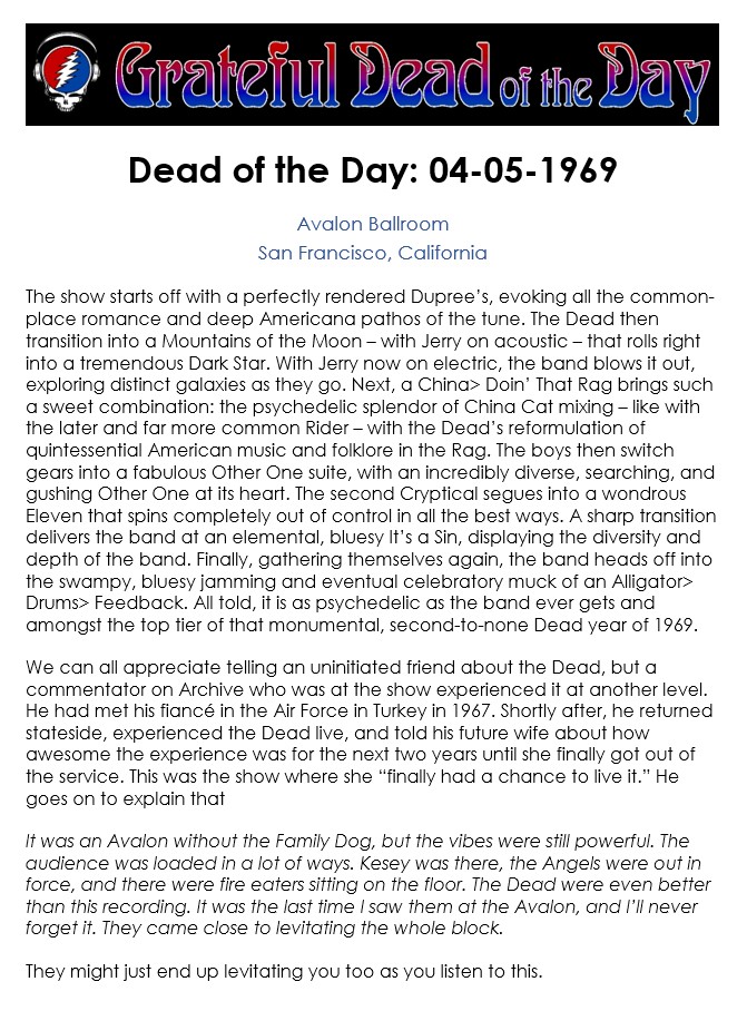 #UpNext on GDRADIO.NET
(at around 4:00pm eastern / 1:00pm pacific)
★ 1969-04-05 at the Avalon Ballroom in San Francisco, CA ★
#OTD #DeadOTD #DeadHeads #GratefulDead #gratefuldeadmusic
(content courtesy of gratefuldeadoftheday.com)