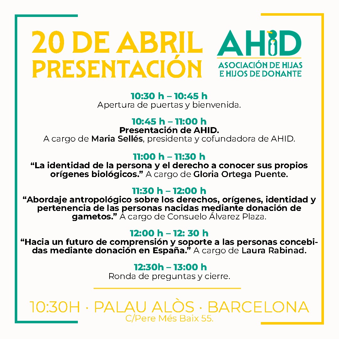 ¡Atención! La presentación oficial de la asociación, será e sábado 20 de Abril a las 10:30h  en el Palau Alós de Barcelona, con las ponencias de Gloria Puentes, <a href="/rabinadlaura/">Laurarabinad- Consultoria Reproductiva</a> y Consuelo Álvarez sobre la abolición del anonimato. ¡Os esperamos! (En directo también por Instagram).