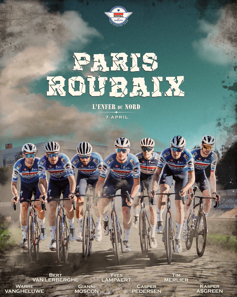 Soudal Quick-Step Pro Cycling Team (@soudalquickstep) on Twitter photo Wolves on cobbles 🤩
Our seven riders for the “Queen of the Classics”!
Artwork: <a href="/ArtsRonan/">Arts Ronan</a> Wolves on cobbles 🤩
Our seven riders for the “Queen of the Classics”!
Artwork: <a href="/ArtsRonan/">Arts Ronan</a>