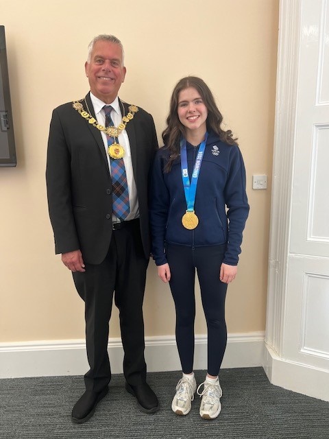 Angus Provost Brian Boyd was delighted to congratulate young Olympian Callie Soutar on her recent gold medal success. Forfar Academy pupil Callie won gold for GB in the curling mixed doubles at the Winter Youth Olympic Games in Gangwon, South Korea in February. Well done Callie!