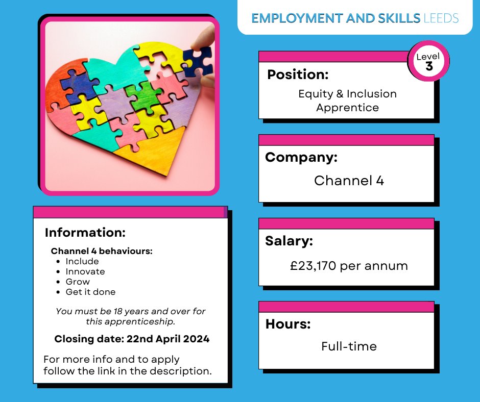 ✔ Do you have strong interpersonal skills? 📺 Channel 4 are looking to hire an 'Equity and Inclusion Apprentice' where you will collaborate and support the Equity & Inclusion Team! 🤩 📋 Apply for the apprenticeship here: 4people.my.salesforce-sites.com/recruit/fRecru…