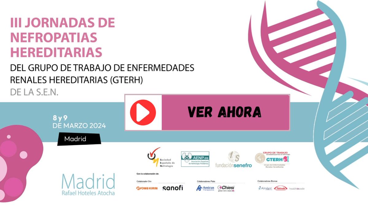 Las sesiones científicas de las III Jornadas de Nefropatías Hereditarias organizadas por el GdT  #GTERH están en VÍDEO en:
👉 #websenefro: senefro.org/modules.php?na…
👉O directamente en el canal de @YouTube de la S.E.N. @m_furlano @perezgomezmv