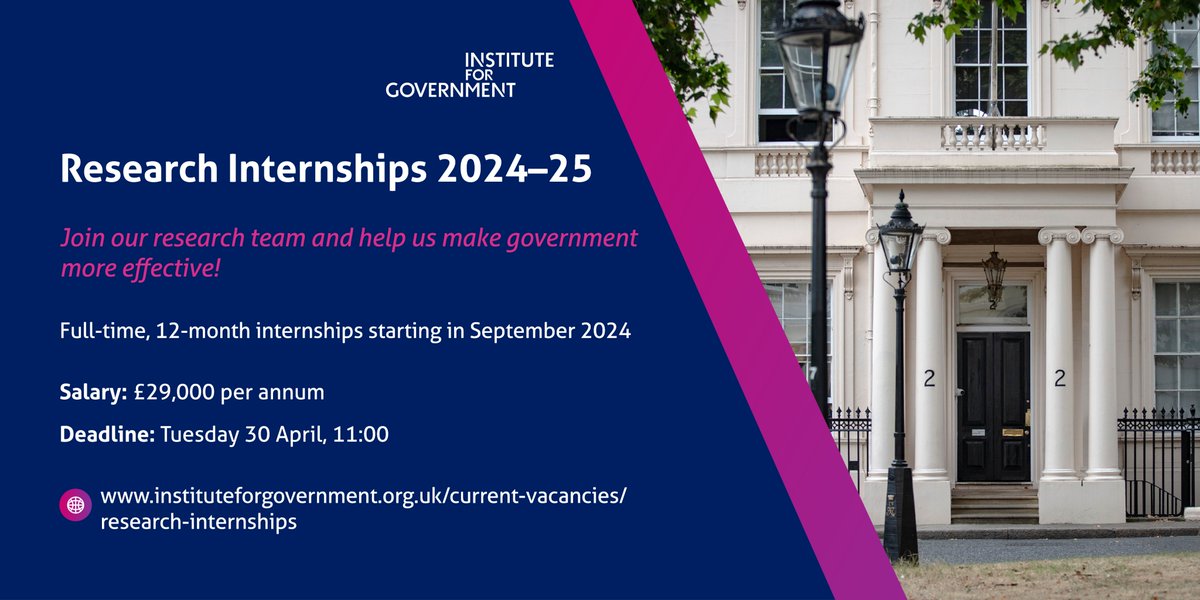 Are you interested in UK govt? Would you like to spend a year working with fantastic colleagues on fascinating projects aimed at making govt more effective? If so, do apply for @instituteforgov research internship by 30 April instituteforgovernment.org.uk/about-us/caree…
