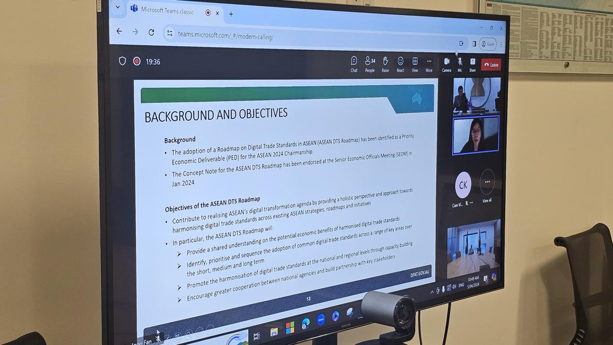 The Digital Trade Standards & Conformance Working Group is discussing 🇦🇺’s support for @ASEAN #DigitalTradeStandards (DTS) Roadmap. The push for common DTS is gaining momentum with 🇱🇦 making it a priority economic deliverable as #ASEAN Chair. We are 🤝 together on this!