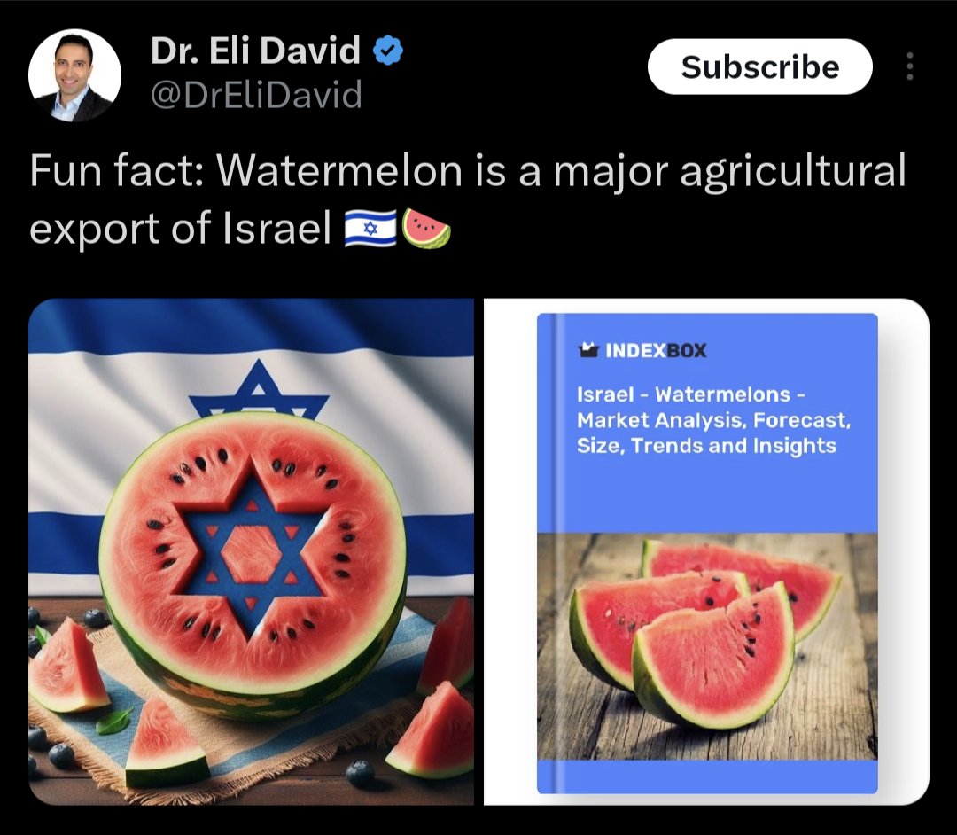 They're so used to stealing literally everything from Palestinians, they can't even let them have the watermelon symbol 🍉

🍉 is grown on stolen Palestinian land.  🍉 Is a major agricultural export of occupied Palestine.