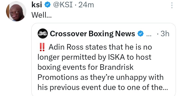 ‼️ KSI reacts to @adinross not being permitted to host boxing events👀💀 #boxing