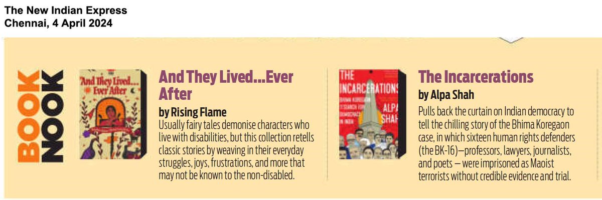 Thrilled to spot #AndTheyLivedEverAfter and #TheIncarcerations on @NewIndianXpress's reading recommendations for the week. @RisingFlameNow @alpashah001