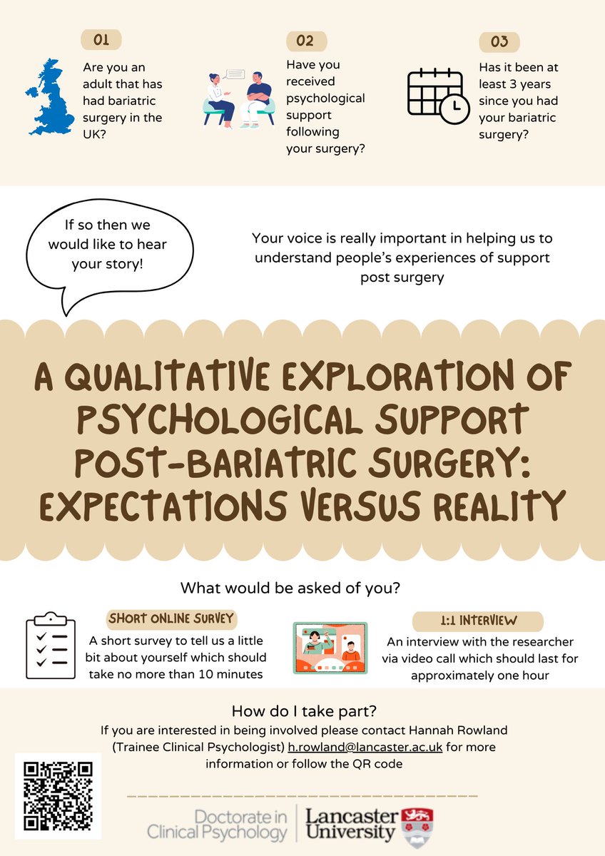 I am currently recruiting participants for my doctoral thesis.  I would really appreciate it if anyone feels able to share this! Link: t.ly/v9KSY 

#bariatricsurgery #experiences #bariatriccommunity #bariatricsupport #bariatricjourney