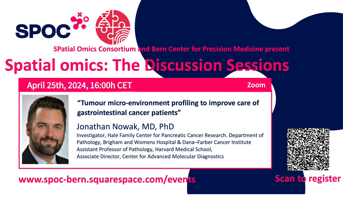 📅 Do not miss our next @SPOC_Bern /#BCPM joint #SpatialOmics seminar April 25, 4pm CET with @jonathan_nowak via Zoom. Registration and Zoom link: 👉spoc-bern.squarespace.com/events #GastroIntestinalCancer #TumorProfiling @igmp_unibern @unibern @inselgruppe @DBMR_UniBe @MarkARubin1