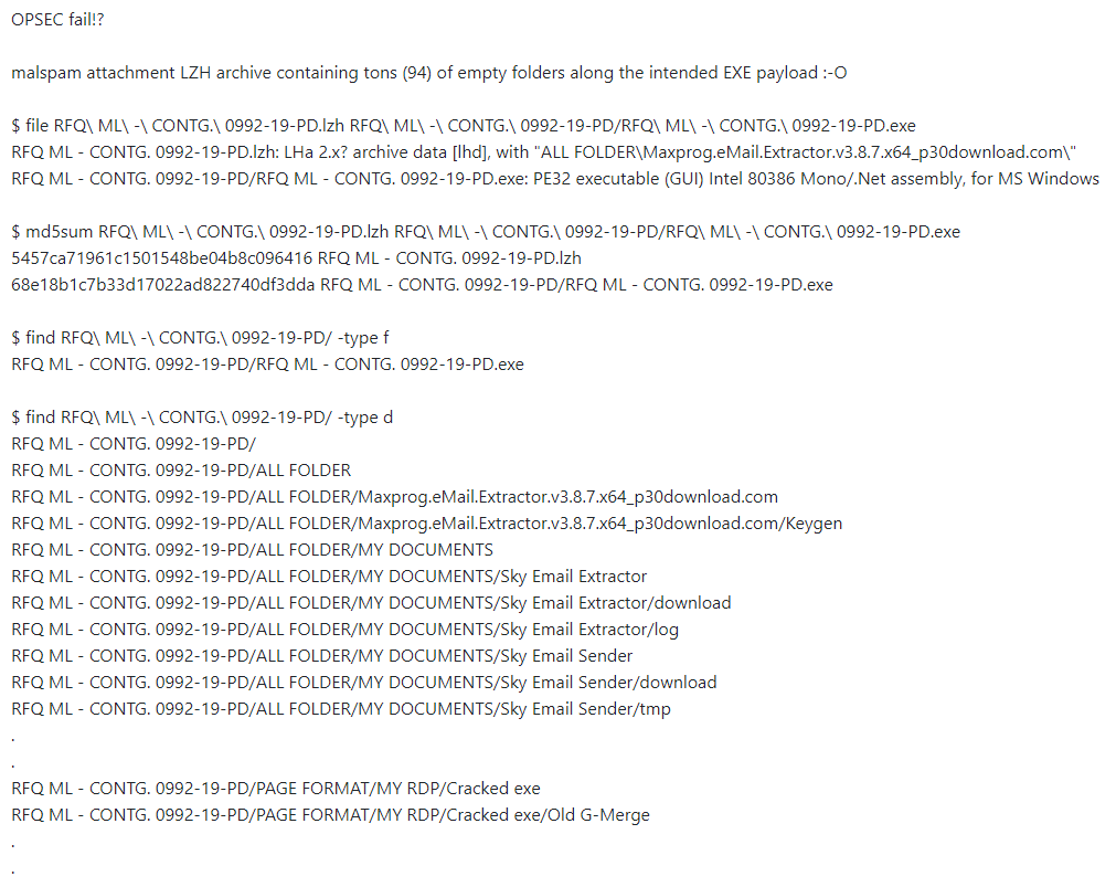 not really a #MalwareChallenge but still...

How often do you see malspam attached archives contain tons (94) of empty folders revealing the tools used by the attacker? (by far not the first time here)

#OPSECfail ?

Likely #Formbook #malware

bazaar.abuse.ch/sample/7e52b81…