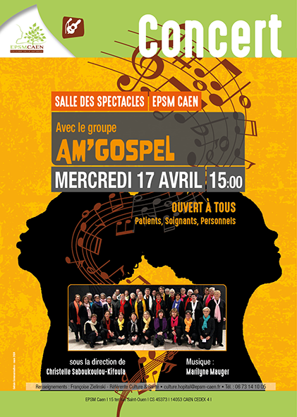 Epsmcaen's tweet image. Culture et Santé vous invite le 17 avril, à 15h, en salle des spectacles à un #concert #gospel. Sous la direction du Cheffe de chœur Christelle Saboukoulou-Kifoula, le groupe Am&apos;gospel présentera un répertoire gospel, negro spiritual, des chants africains. Avec M. Mauger. #caen