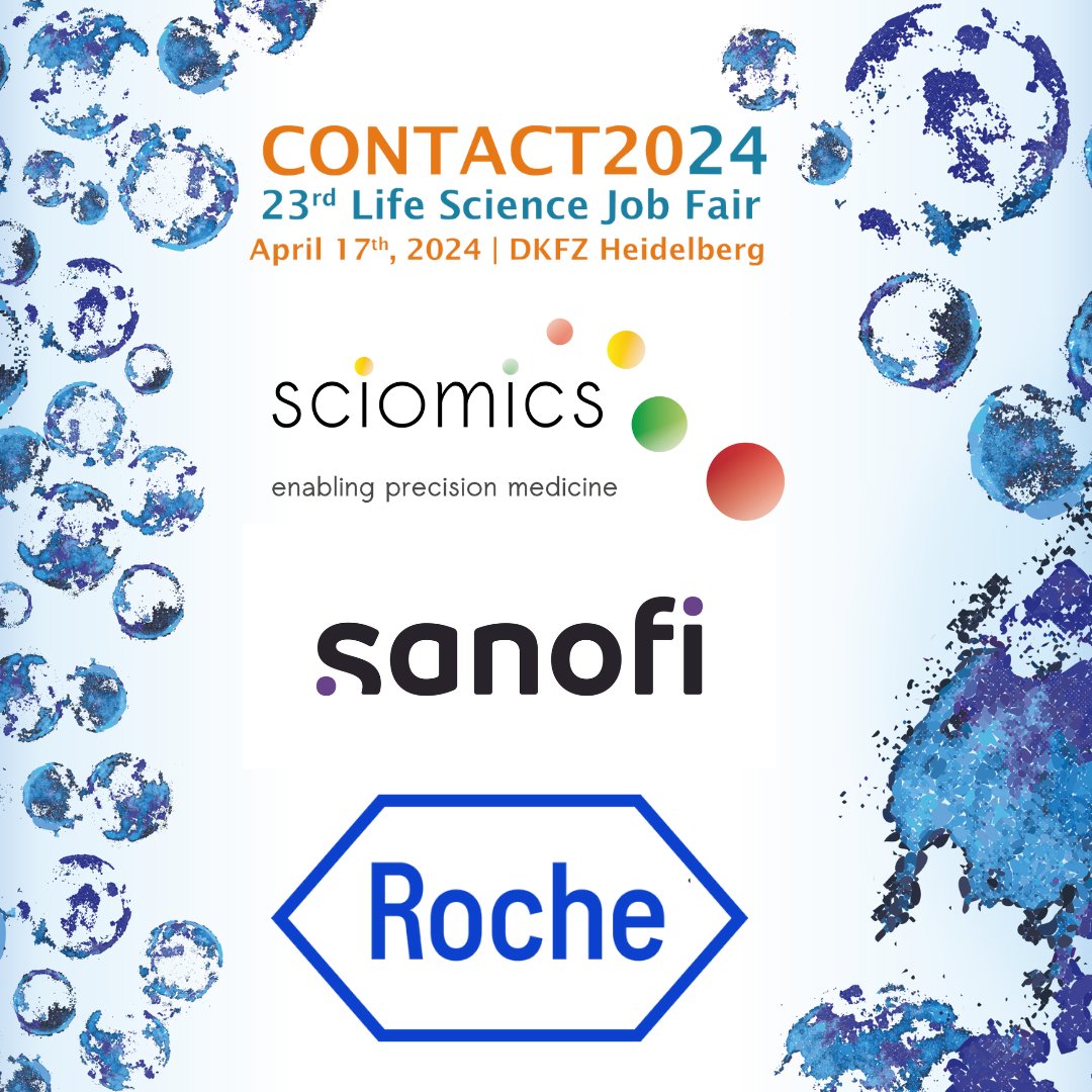 CONTACT2024: Meet and greet with top companies in life sciences field including Sciomics, Sanofi, Roche and many more.  
Save the date, April 17th at the DKFZ communication center!  
#CONTACT2024 #biocontact #jobfair #careeropportunities #networking