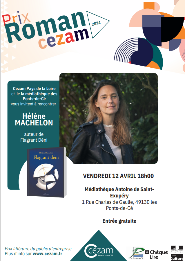 📚Dans le cadre du Prix du Roman Cezam 2024, la médiathèque de @villepontsdece vous invite à venir rencontrer Helene Machelon pour son livre «Flagrant déni» 📅vendredi 12 avril à 18h. Entrée libre #livre #lecture