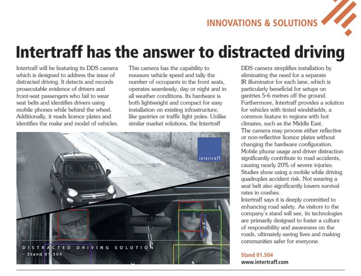 We're thrilled to announce that our DDS Camera, a cutting-edge distracted driving solution, has been spotlighted in the Intertraffic Amsterdam Official Preview Magazine!
#IntertrafficAmsterdam #RoadSafety #DistractedDrivingSolution #TrafficEnforcement #TrafficMonitoring