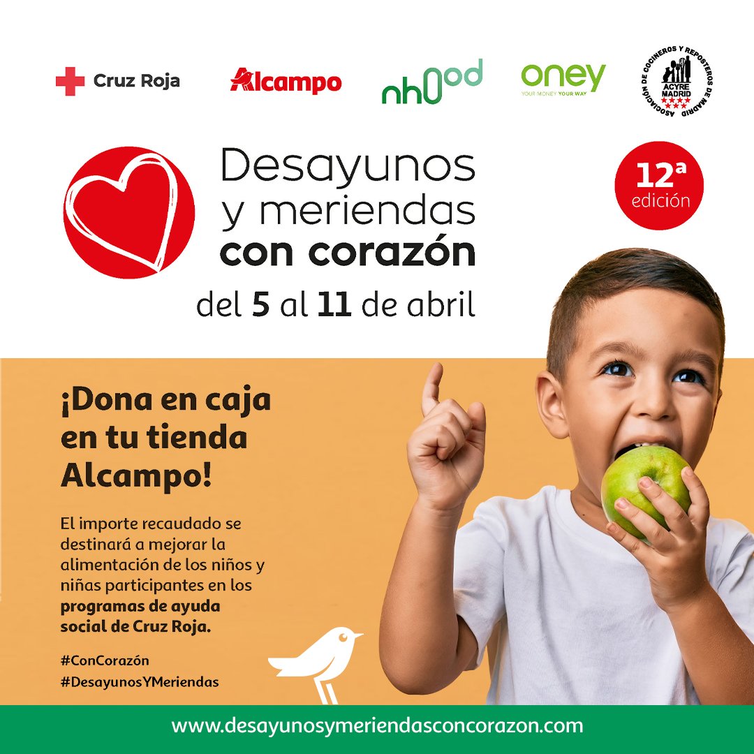 Desayunos y Meriendas Con Corazón. Iniciativa de @acyremadrid @CruzRoja.es @OneyEsp, Nhood y Alcampo para mejorar la alimentación de niños. Del 5-11 de Abril. Al pasar por caja, sólo tienes que indicar el importe a donar,1€,3€,5€,10€, 20€ #ConCorazón #DesayunosYMeriendas