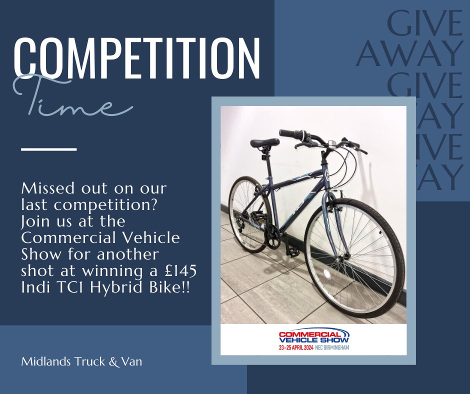 Missed out on our previous competition? Don't worry! Join us at the Commercial Vehicle Show for a second chance to win a brand-new Indi TC1 Hybrid Bike valued at £145.00!!! Entry to the show is free, simply register at the link below: ow.ly/zpZg50R8tEO @ballyveseyLtd