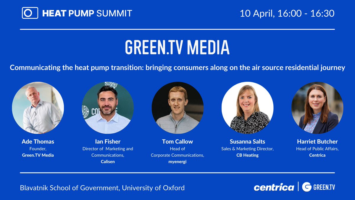 Joining the @green_tv Media panel, ‘Communicating the heat pump transition: bringing consumers along on the air source residential journey’, we are delighted to welcome representation from Calisen, myenergi, CB Heating and Centrica.

heatpumpsummit.com/delegate-pass