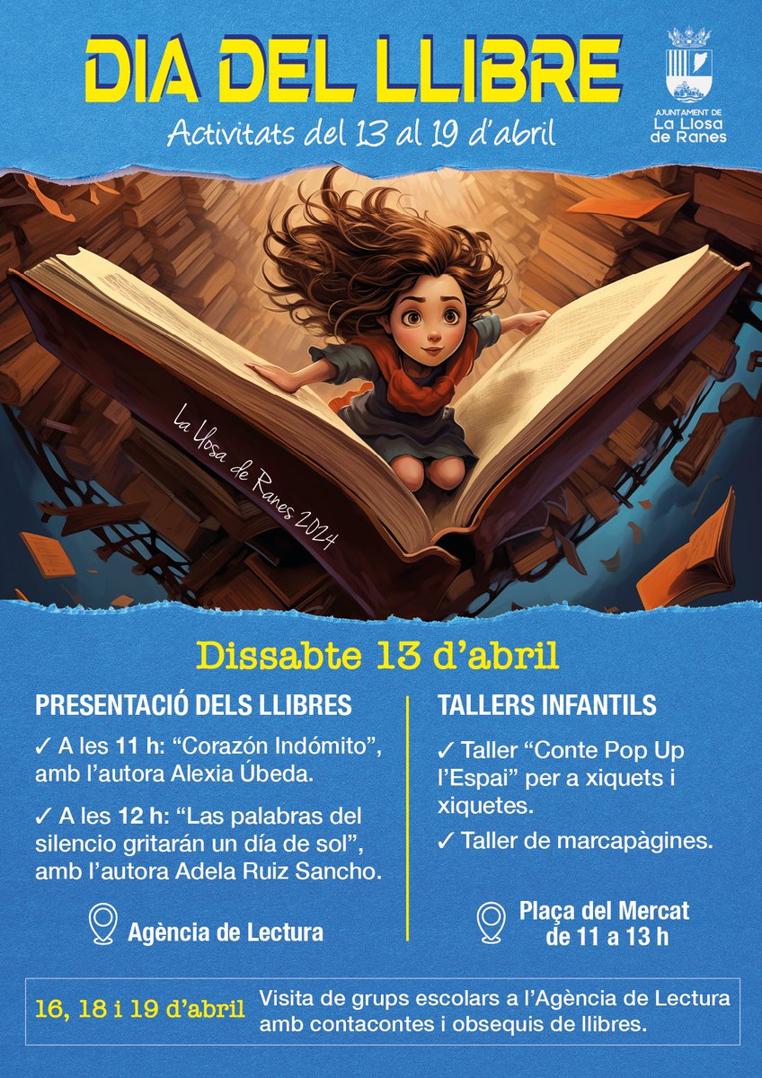 L'Ajuntament de la Llosa de Ranes ha programat per al pròxim dissabte 13 d'abril diferents activitats per a commemorar el Dia Internacional del Llibre.
👉Els dies 16, 18 i 19 d'abril s'han organitzat visites dels escolars a l'Agència de Lectura.