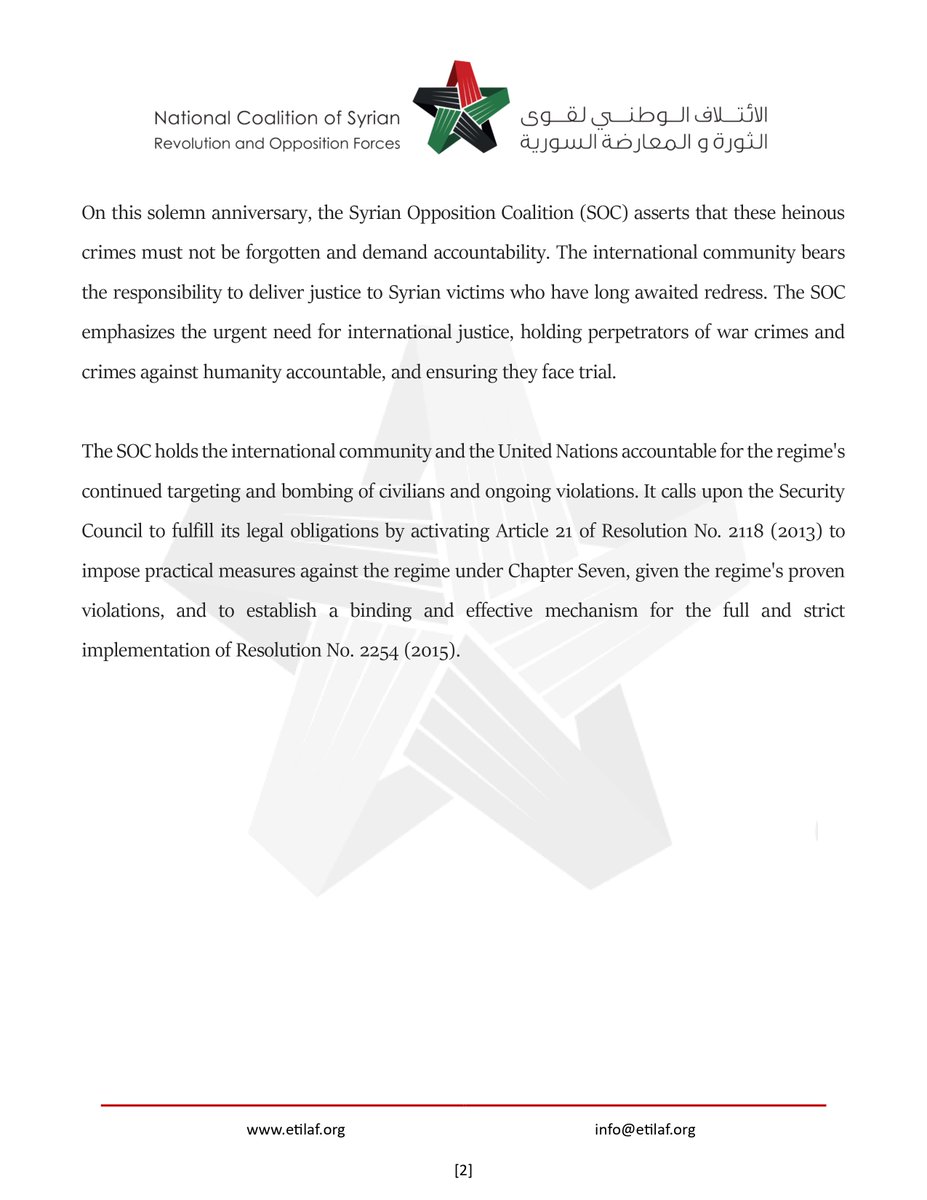 Press release Syrian Opposition Coalition Department of Media and Communications April 4, 2024 On Seventh Anniversary of Assad regime's Chemical Attack on Khan Shaykhun tinyurl.com/25dvs3bd