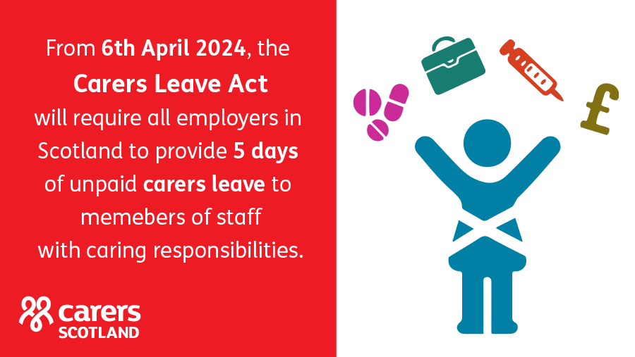 From tomorrow - 6th April 2024 - the Carers Leave Act will require all employers in Scotland to provide carers leave to members of staff with caring responsibilities. Find out more about this legislation and how it will affect your organisation here: carerpositive.carerpositive.org/carers-and-emp…