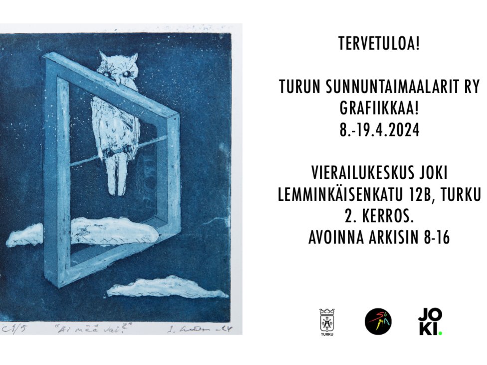 Turun Sunnuntaimaalareiden näyttely Grafiikkaa! on nyt esillä meillä Joen toisen kerroksen näyttelytilassa. Tervetuloa tutustumaan!

#jokiturku #turuntiedepuisto #taidenäyttely