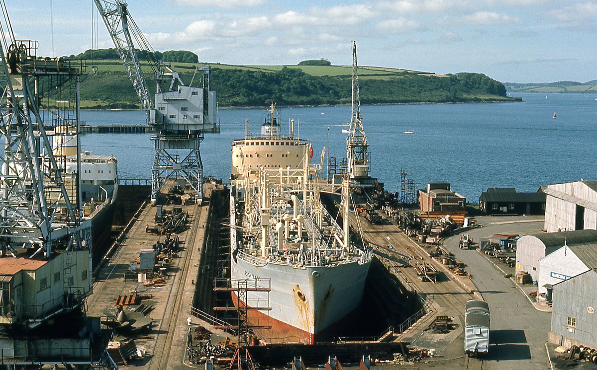 Chemical tanker Essi Kari in No. 1 dry dock at Falmouth Docks. Taken from Castle Drive in 1970. This bulk/ore carrier was completed in Feb 1956 by A/B Götaverken, Gothenburg, as Arjeplog for Trafik A/B Grangesberg-Oxelösund, Stockholm. This photo is from the Weller collection.