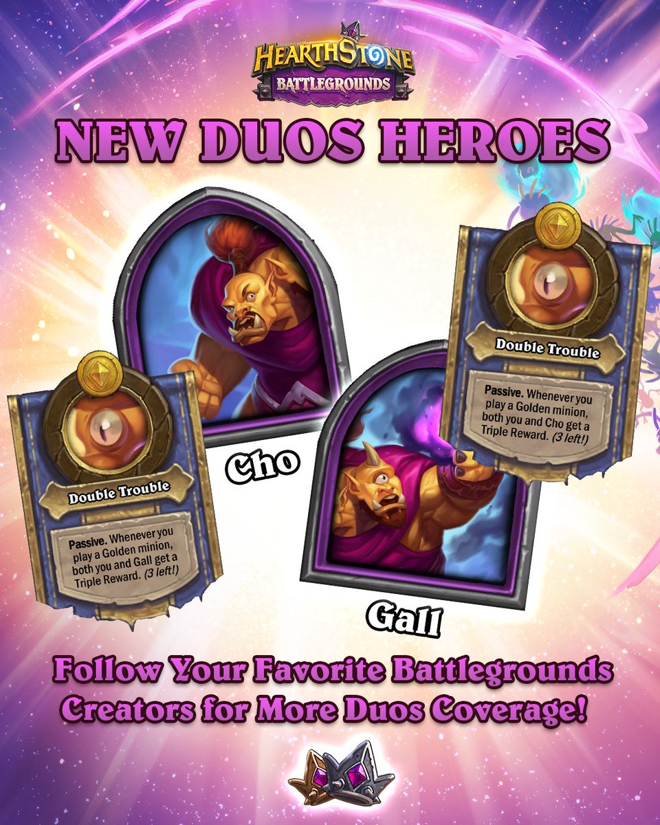 Double up on Triple Rewards with Cho and Gall! Play with the ultimate tag team when Battlegrounds Duos launches April 16th. #HearthstoneDuos