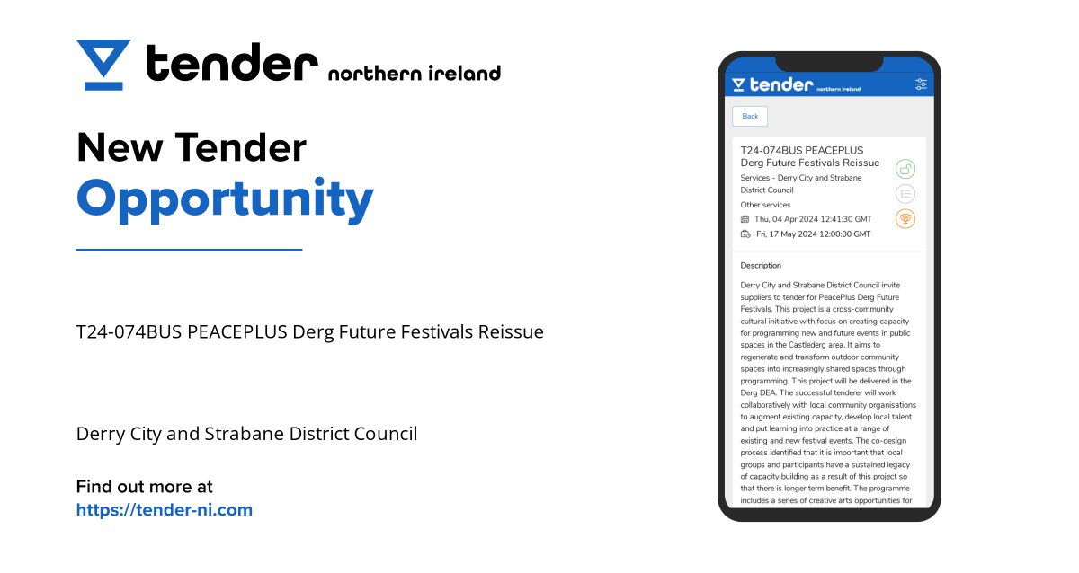 Opportunity for suppliers! Derry City and Strabane District Council is seeking bids for T24-074BUS PEACEPLUS Derg Future Festivals Reissue. Don't miss out! #NorthernIreland #CouncilContracts #TenderNI More info: tender-ni.com/tender/5315099