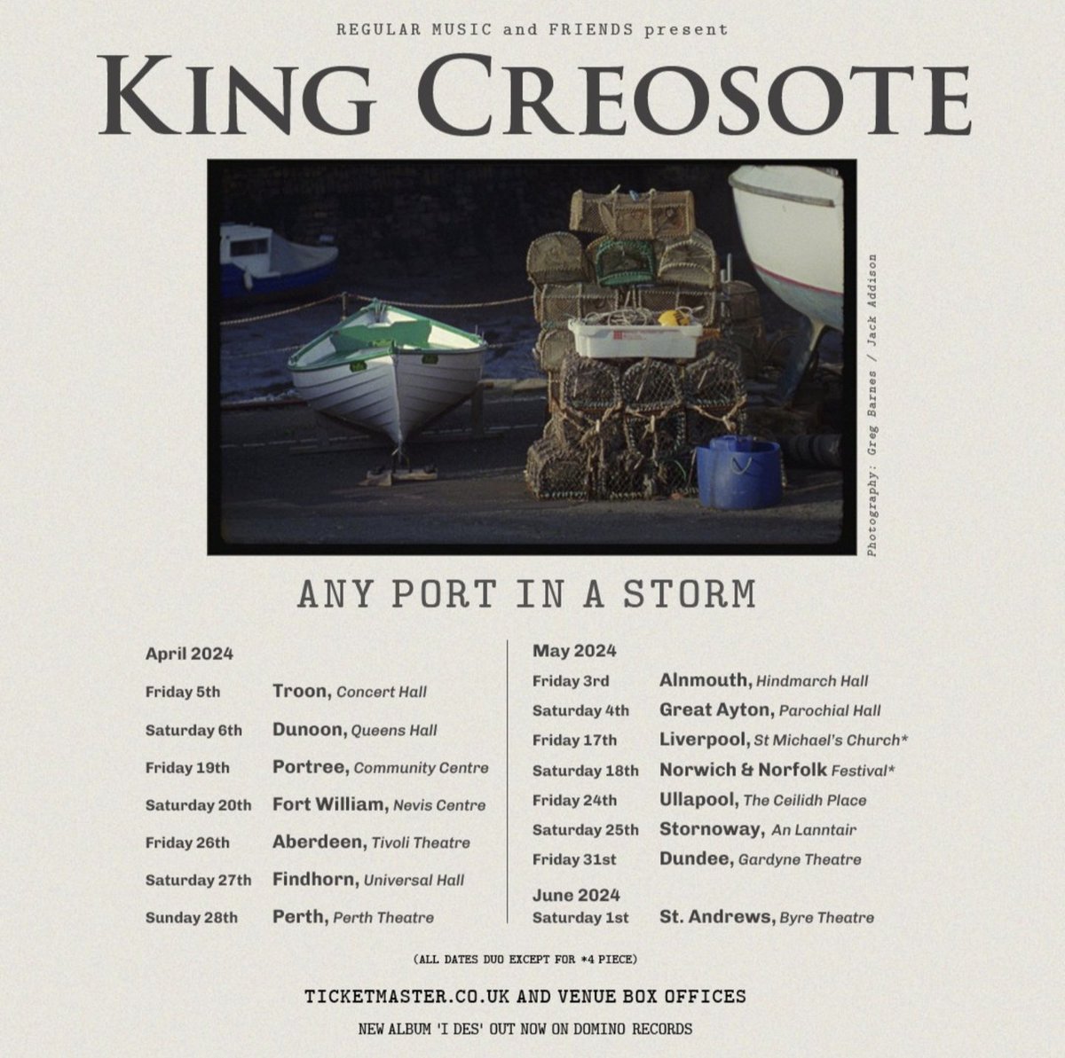 I have two tickets for this. King Creosote - Any Port in a storm. The tickets are £31 each but will accept £20 each. I have the physical tickets & can meet you anywhere in Dunoon. At the venue, in a bar. Gives a shout 🎟️🎟️