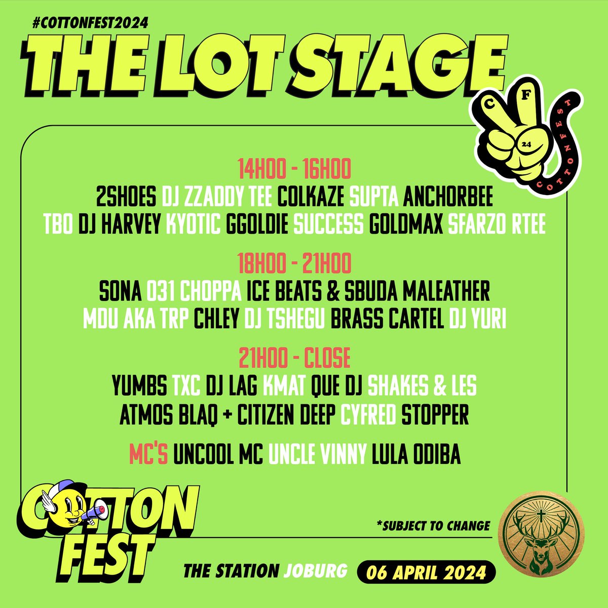 Cotton Eaters, the full lineup for UCF JOBURG has arrived 🔥 The stages have been set up to give you the ultimate sonic experience 🔊 WE NEVER DIE. WE MULTIPLY! #cottonfest #johannesburg #votecottonfest #votemusic #votelifestyle #votefashion #votesport #voteart