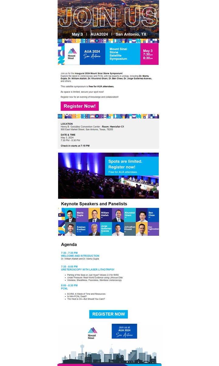 So excited to be speaking at the Mount Sinai Satellite Stone Symposium at AUA  May 3 at 7;30pm-8:30pm in San Antonio.  Registration is free! come join us!
eventcreate.com/e/kidney-stone…