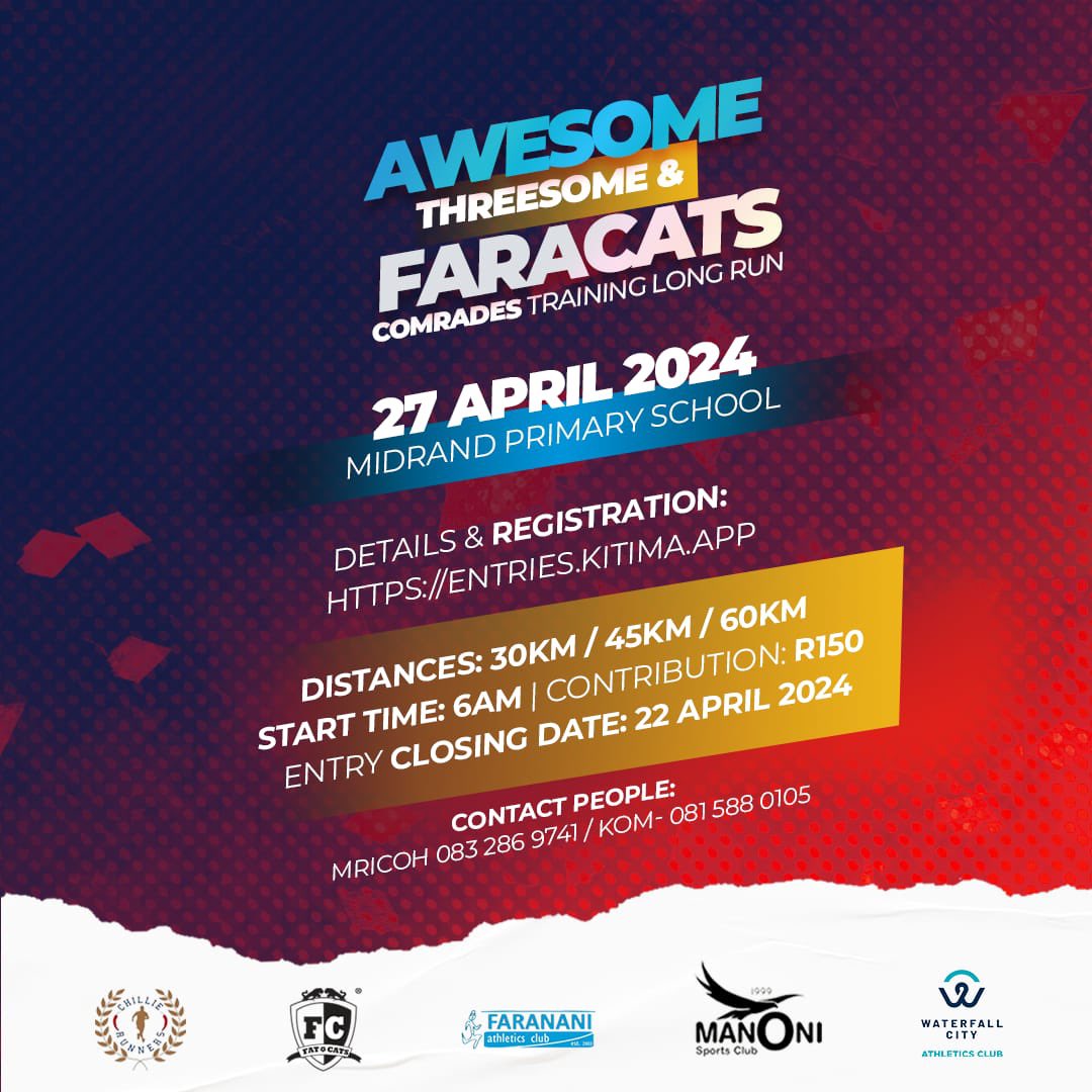 Entries for the biggest Comrades training run are open! Register now to be part of this historic event. entries.kitima.app #FaraCats #AwesomeThreesome
