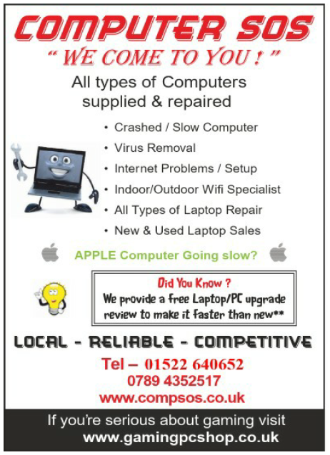 For all your computer, and Wi-Fi needs - give 'Computer SOS' a call - we're pretty confident you won't be disappointed.... and they come to you ! Please don't forget to mention inside 'Lincs magazine' when calling many thanks Sherri