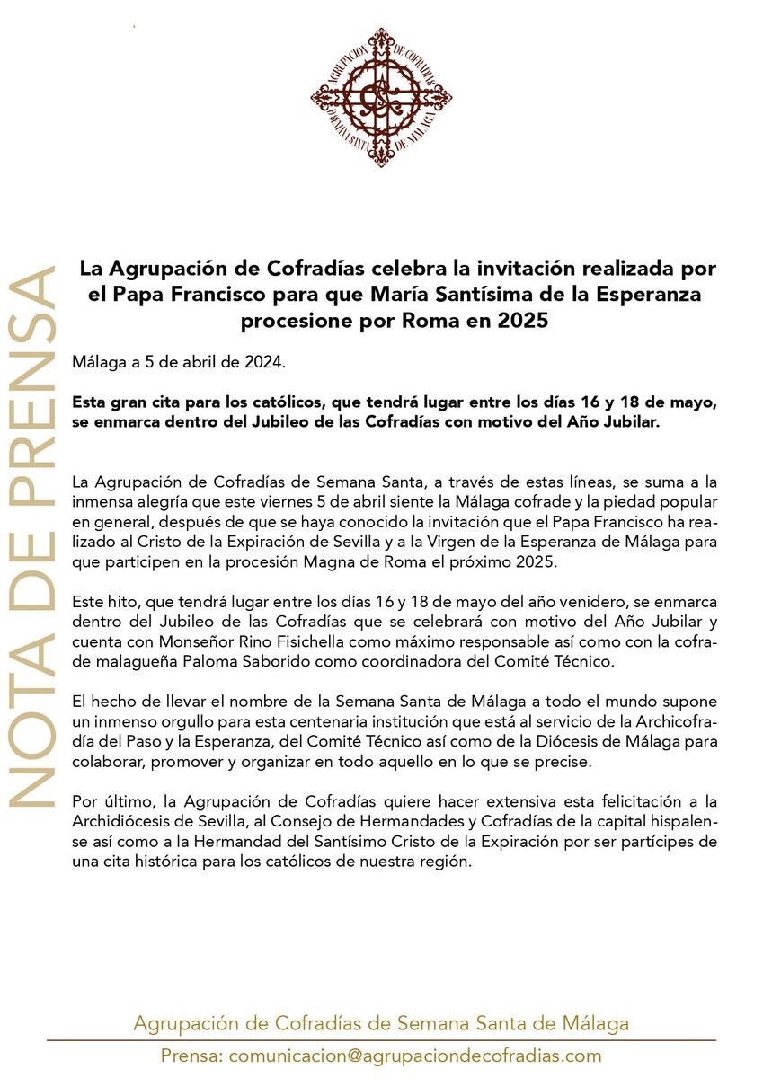 La Agrupación de Cofradías celebra la invitación realizada por el Papa Francisco para que María Santísima de la Esperanza procesione por Roma en 2025. @pasoyesperanza @Pontifex_es #CofradíasMLG