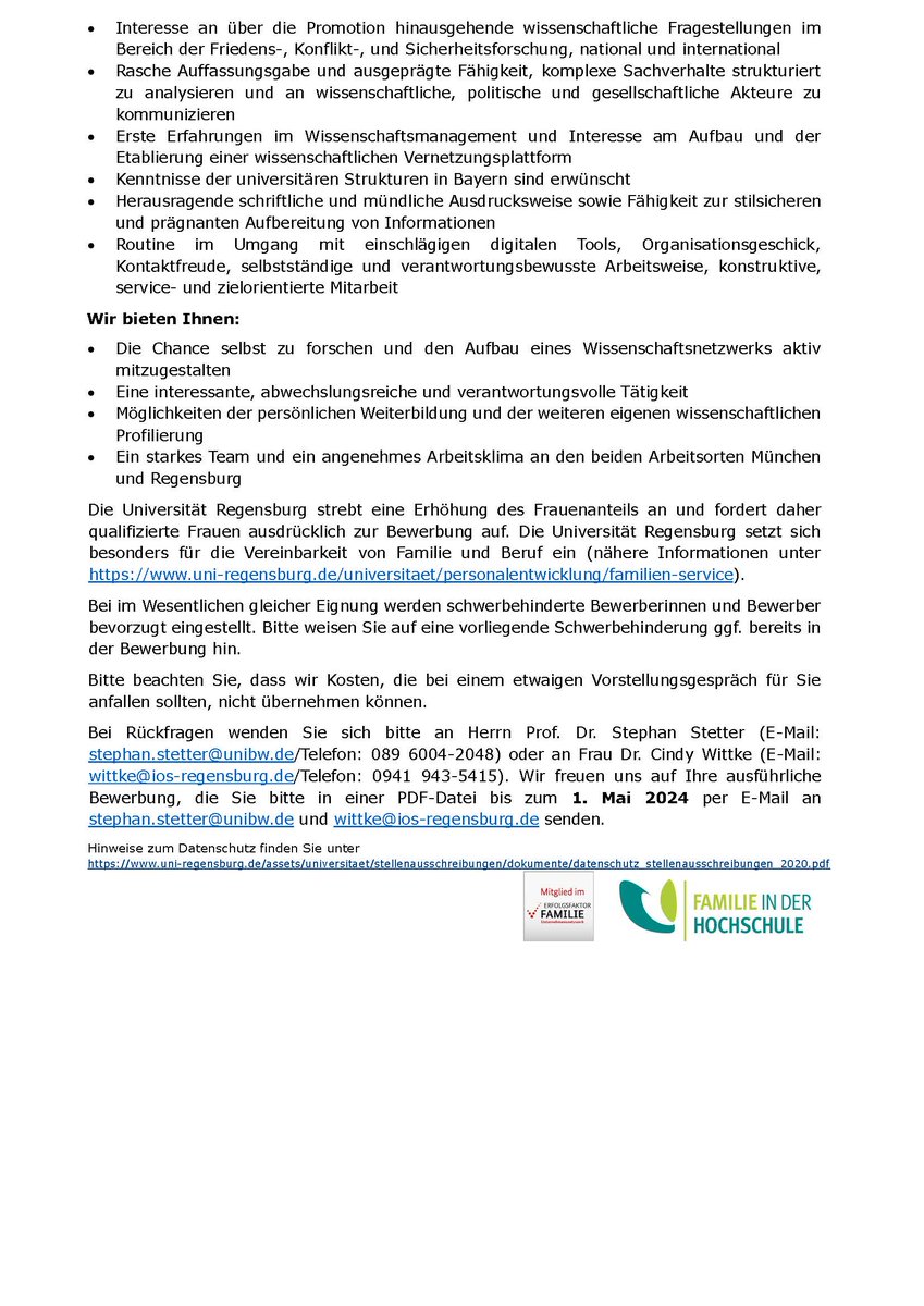 GSOSES's tweet image. +++ #Stellenausschreibung +++

gesucht wird ein/e 

Wissenschaftlicher Koordinator / Wissenschaftliche Koordinatorin (m/w/d) 

für den Aufbau der Bayerischen Wissenschaftsallianz für Friedens-, Konflikt- und Sicherheitsforschung

‼️ Bewerbungsfrist: 1. Mai 2024 ‼️